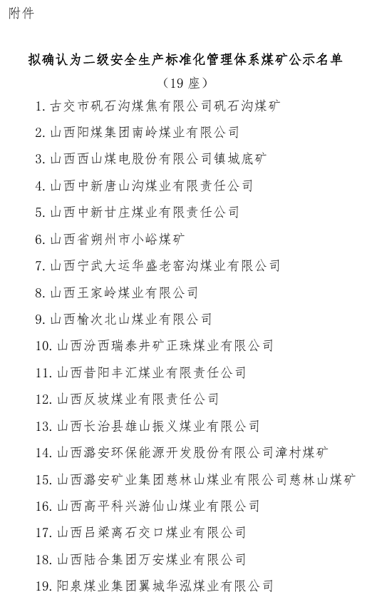 山西擬確認19座煤礦為二級安全生產(chǎn)標準化管理體系煤礦